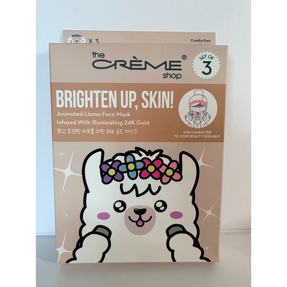 The Creme Shop Brighten Up Skin Animated Llama Face Mask Set of 3 24K Gold NIB